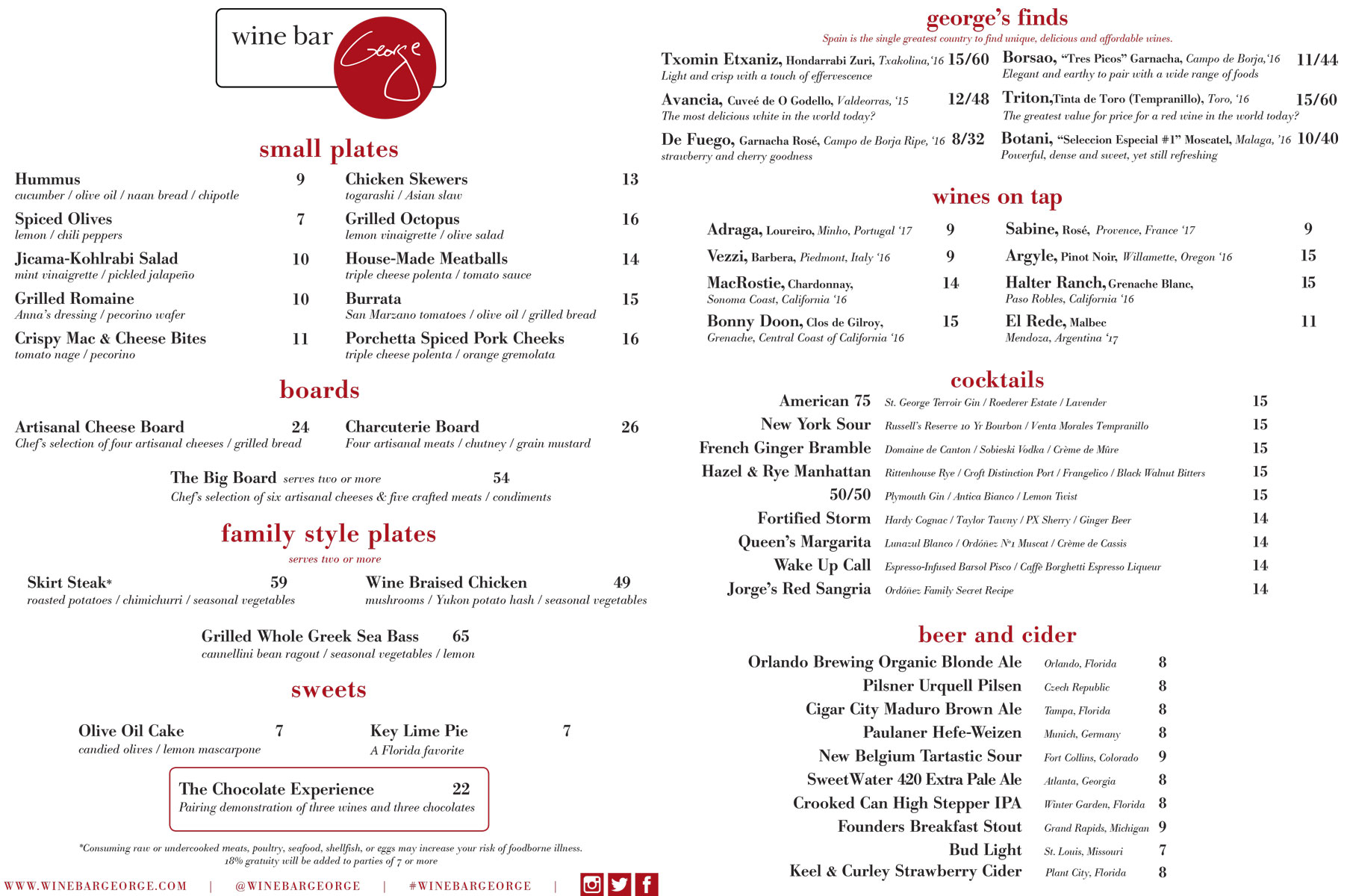 Wine Bar George review and food menu.