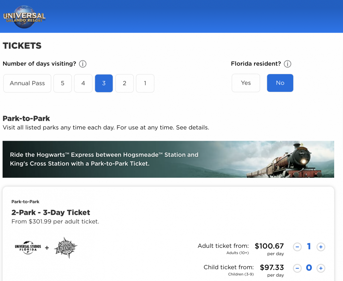 Universal Four Day Single Park Tickets