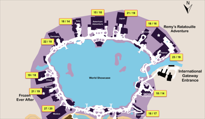 A map showing the re-ride / first-time percentages for the World Showcase Pavilions