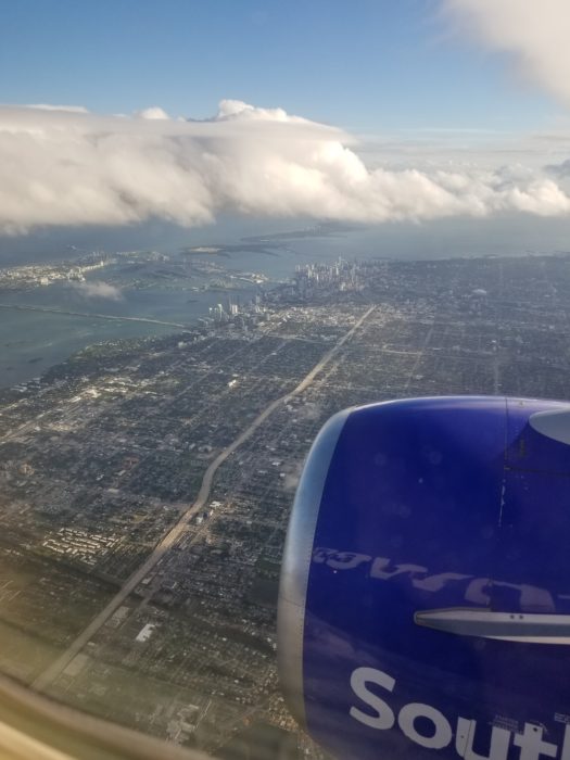 The skyline of Miami, as seen from the window of a Southwest airplane
