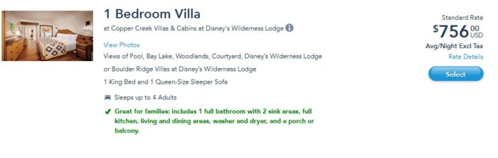 Copper Creek 1BR Villa Disney Price Example