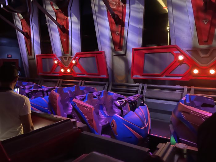 Guardians of the galaxy ride vehicle, showing seat configuration and restraints