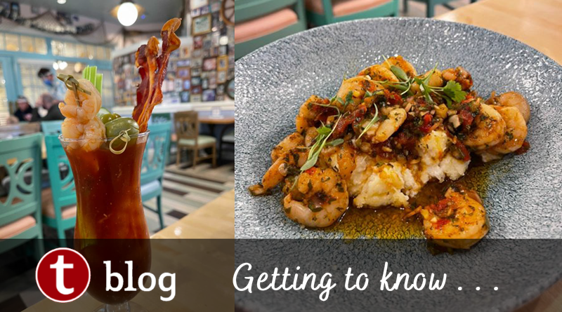 Where to find brunch at Disney World cover image showing a Bloody Mary and Shrimp and Grits from Olivia's Cafe.