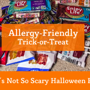 title card with allergy-friendly treats from MIckey's Not So Scary Halloween party