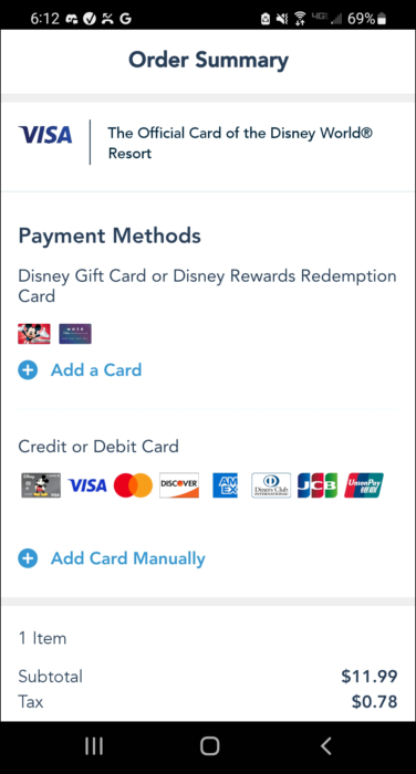 Mobile order checkout screen showing entry options for credit cards and Disney gift cards