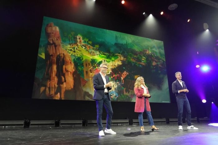 Josh D'Amaro, Jennifer Lee, Chris Beatty on stage giving the "Blue Sky" presentation at the 2022 D23 Expo