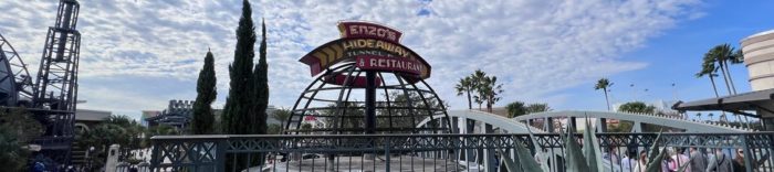 Where to park and directions for Enzo's Hideaway in Disney Springs: picture of the sign at the top of Enzo's wire dome roof structure