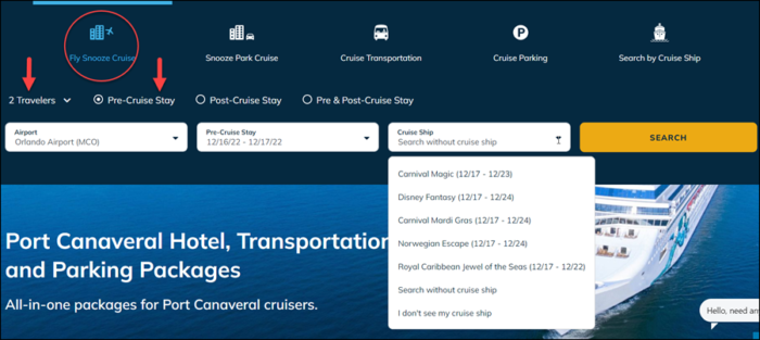 The GoPort search page. Fly-Snooze-Cruise is selected, with 2 travelers from a dropdown, pre-cruise stay from a radio button offering pre, post, and pre-and-post stay options. The airport and dates are filled in and a dropdown is displayed showing cruise departures that apply to those dates.
