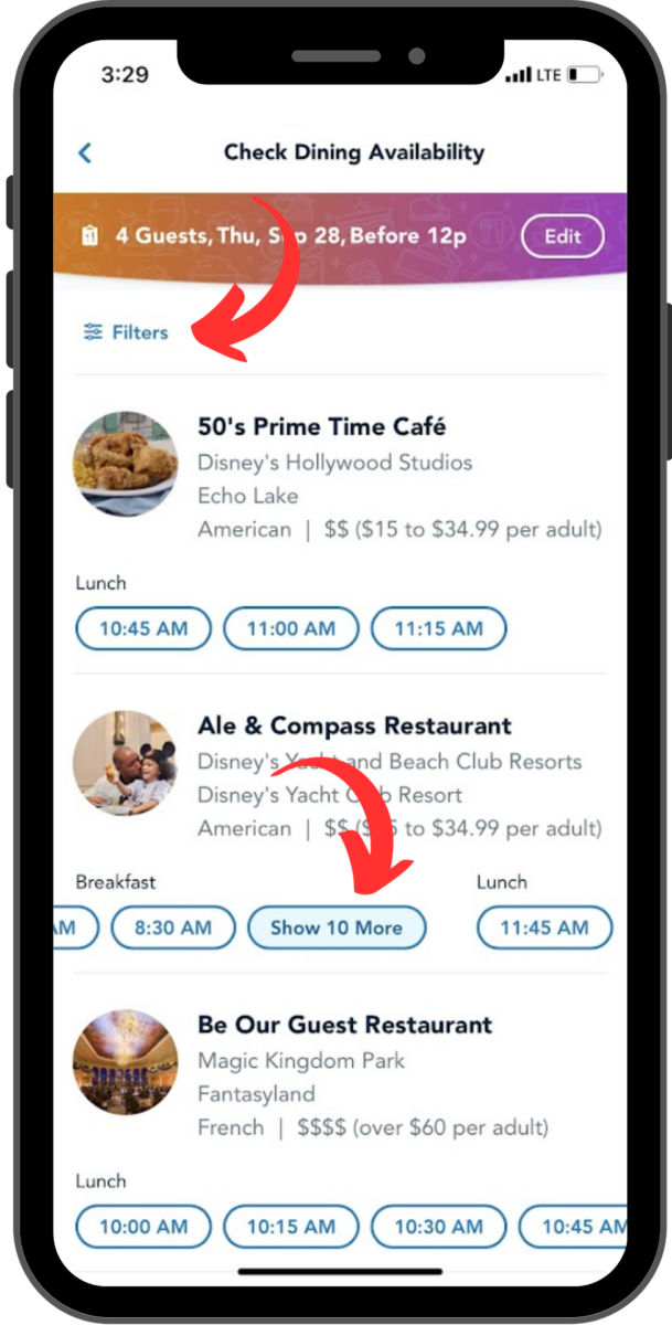 An arrow at the top indicates where you can select filters.