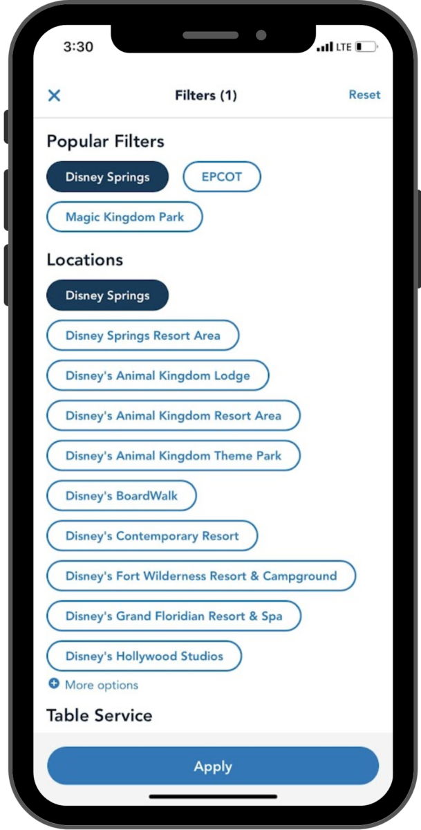 On the filter screen, Disney Springs is selected from locations