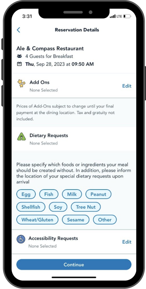 The screen shows an option to select a dietary allergy from a list of common allergens.