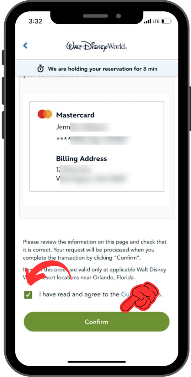 Payment information is shown; an arrow indicates a checkbox to agree to the Guest Policies and a finger points to the Confirm button