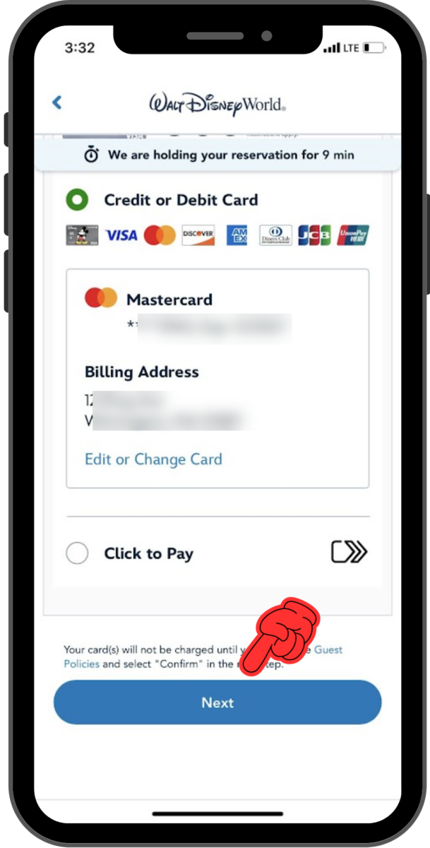 Payment information is shown, and a finger indicates the Next button