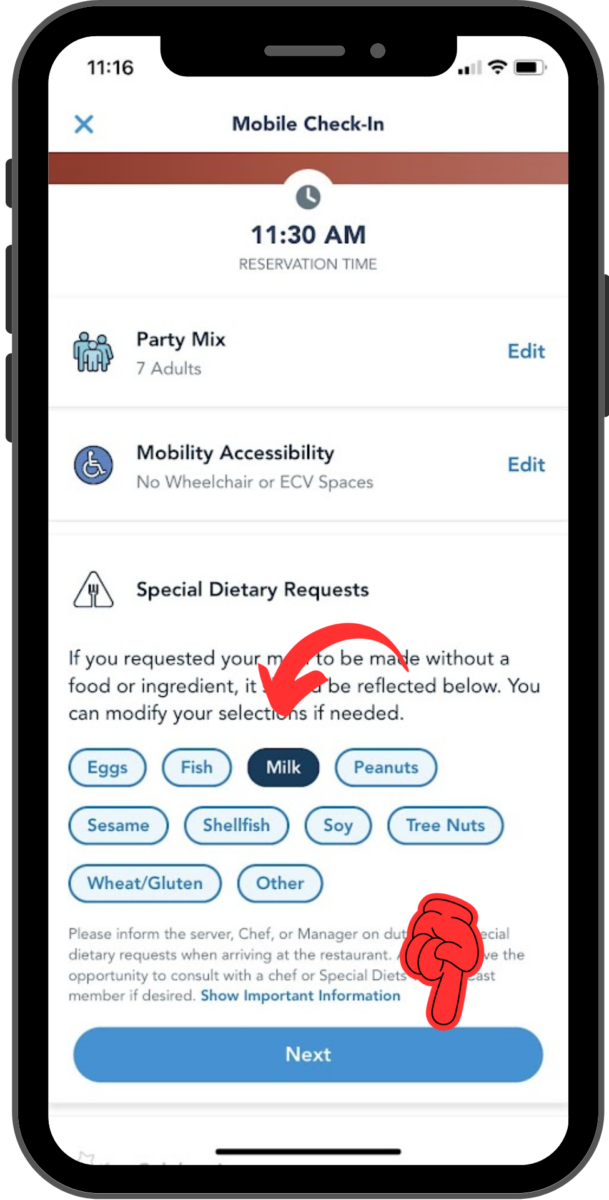An arrow indicates the selection of a milk allergy, and a finger points to the Next button