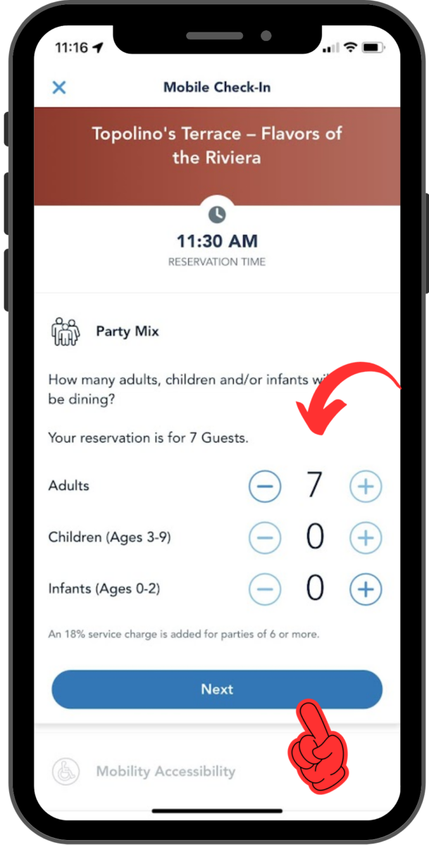 An arrow indicates where party size should be adjusted, and a finger points to the Next button