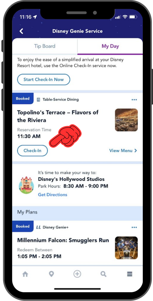 On the My Day tab, a finger points to the check-in button on the reservation tile