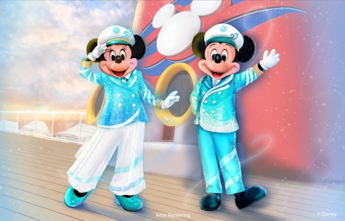 Mickey & Minnie in artist rendering of Silver Anniversary at Sea Costumes against the funnel of a DCL ship. Minnie has white harem pants with a sparkly blue top and blue shoes, and Mickey has solid blue pants with a more tailored sparkly blue top. Both mice are wearing Captain's Hats with a small stylized wave and a sparkly blue logo that matches their attire.