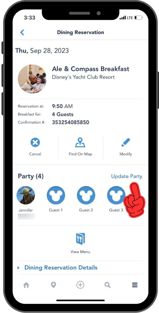 On the reservation page, a finger points to the Update Party link to the top right of the guest icons