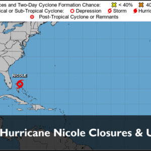 Hurricane Nicole Updates & Closures cover image showing image from National Hurricane Center with Nicole featured over the ocean