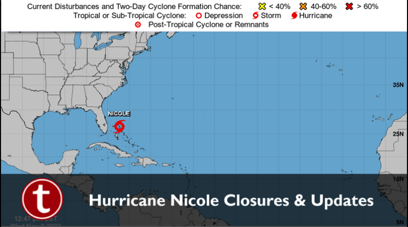 Hurricane Nicole Updates & Closures cover image showing image from National Hurricane Center with Nicole featured over the ocean