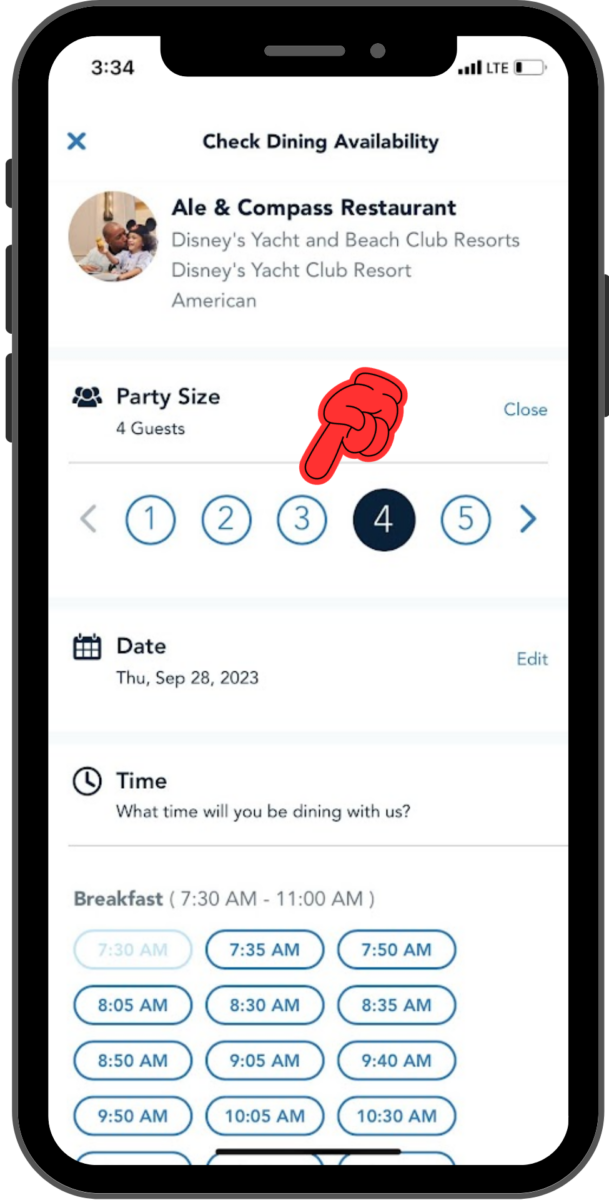 The 4 in the party-size selector is lit, but a finger points to the 3 which will be the new selection.