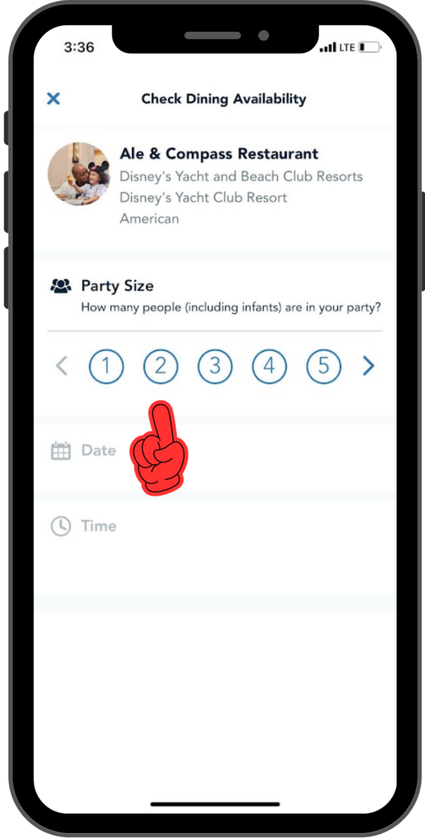 A finger points to the 2 in the party-size selector