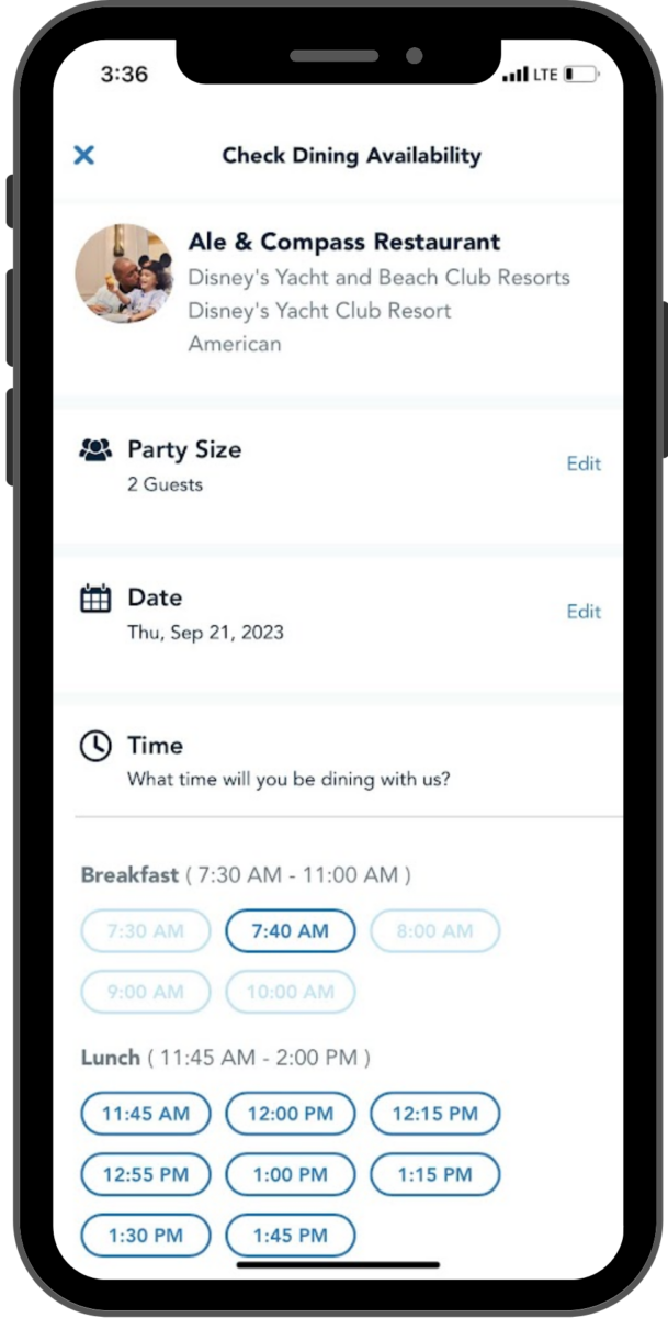 A series of times, divided into meal periods, shows on the screen below.