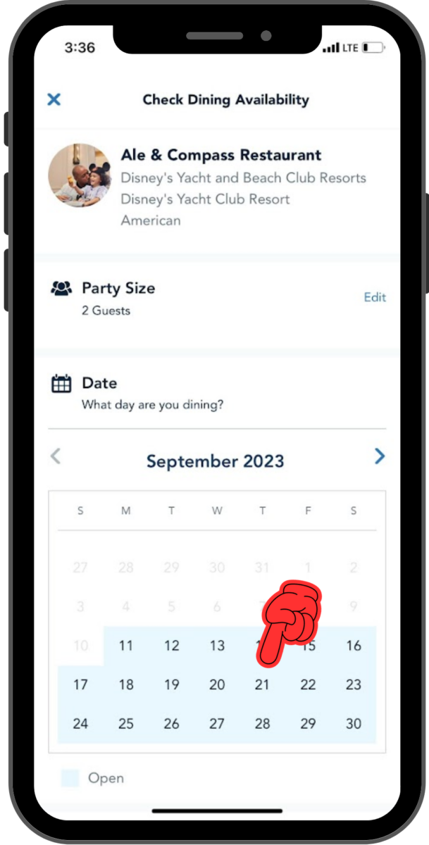 A finger points to the 21st on the calendar picker