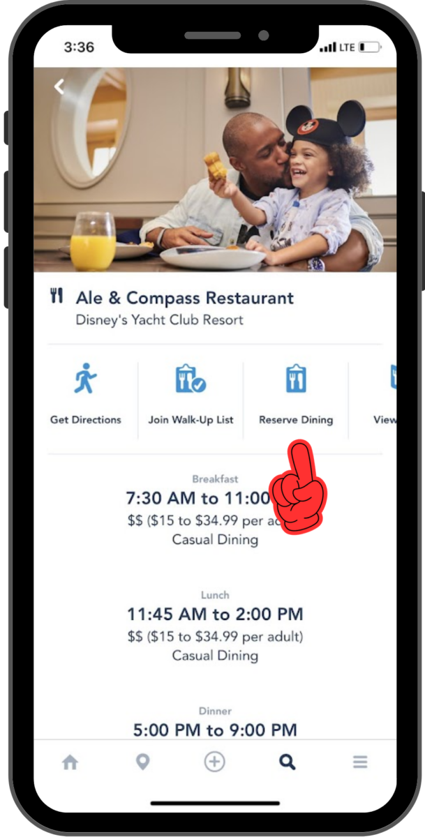 On the restaurant page, a finger points to the "Reserve Dining" icon