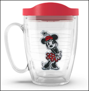 Lidded mug of transparent acrylic with Minnie Mouse figure on the side in red, white, and black and red lid.