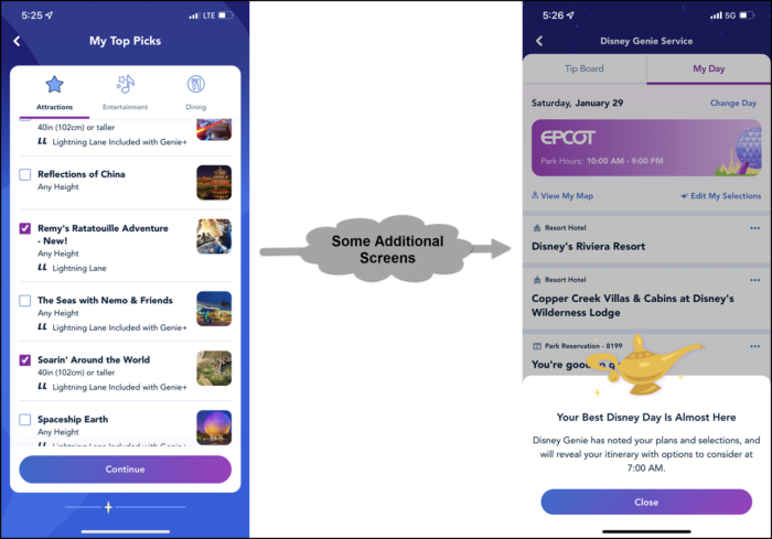 screens showing selection of top picks and completed Disney genie setup