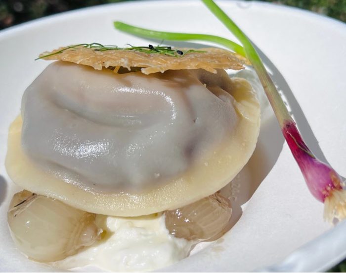 A round dumpling sits on the plate; a shmear of white cream sauce is visible underneath as are two small, sauteed, glistening soft pearl onions. A scallion with purple bulb and bright green shoots lies artfully across the plate on the top right.