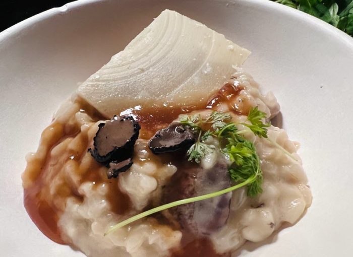 creamy pale risotto is topped with a reddish-brown sauce with visible bits of mushroom, a sprinkle of greenery, and a large thin piece of parmesan perched vertically on top