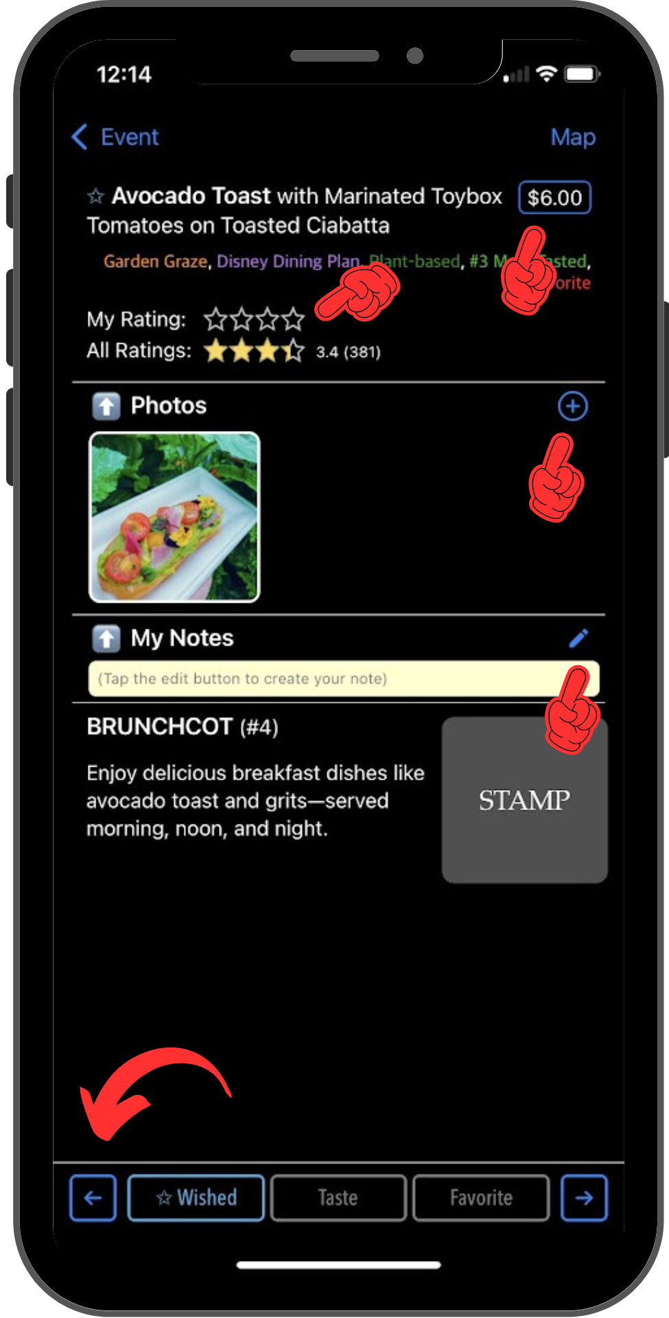 Tapping fingers highlight the locations on the Dish Details page where you can enter a rating, add a photo, change the amt of dishes, or edit to take notes.