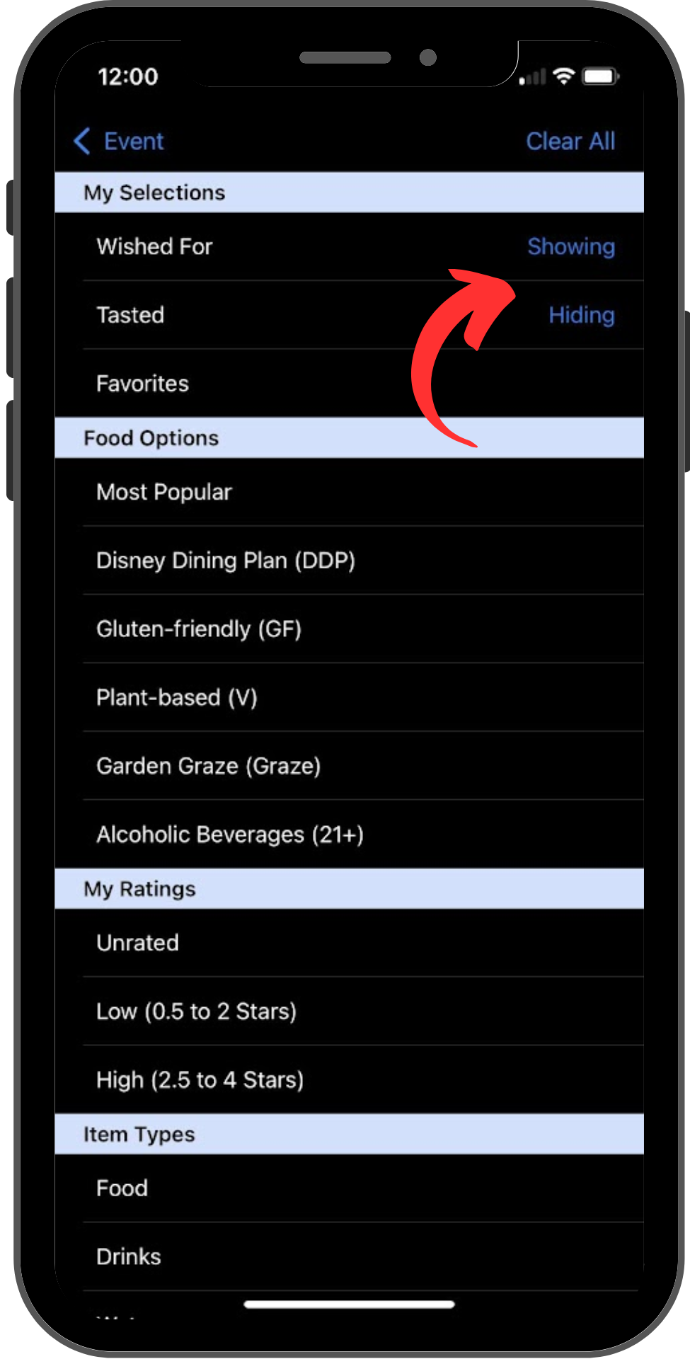 The screen shows several sections of filters that can be selected. The "Wished For" filter is set to Showing, and the "Tasted" filter is set to hiding.