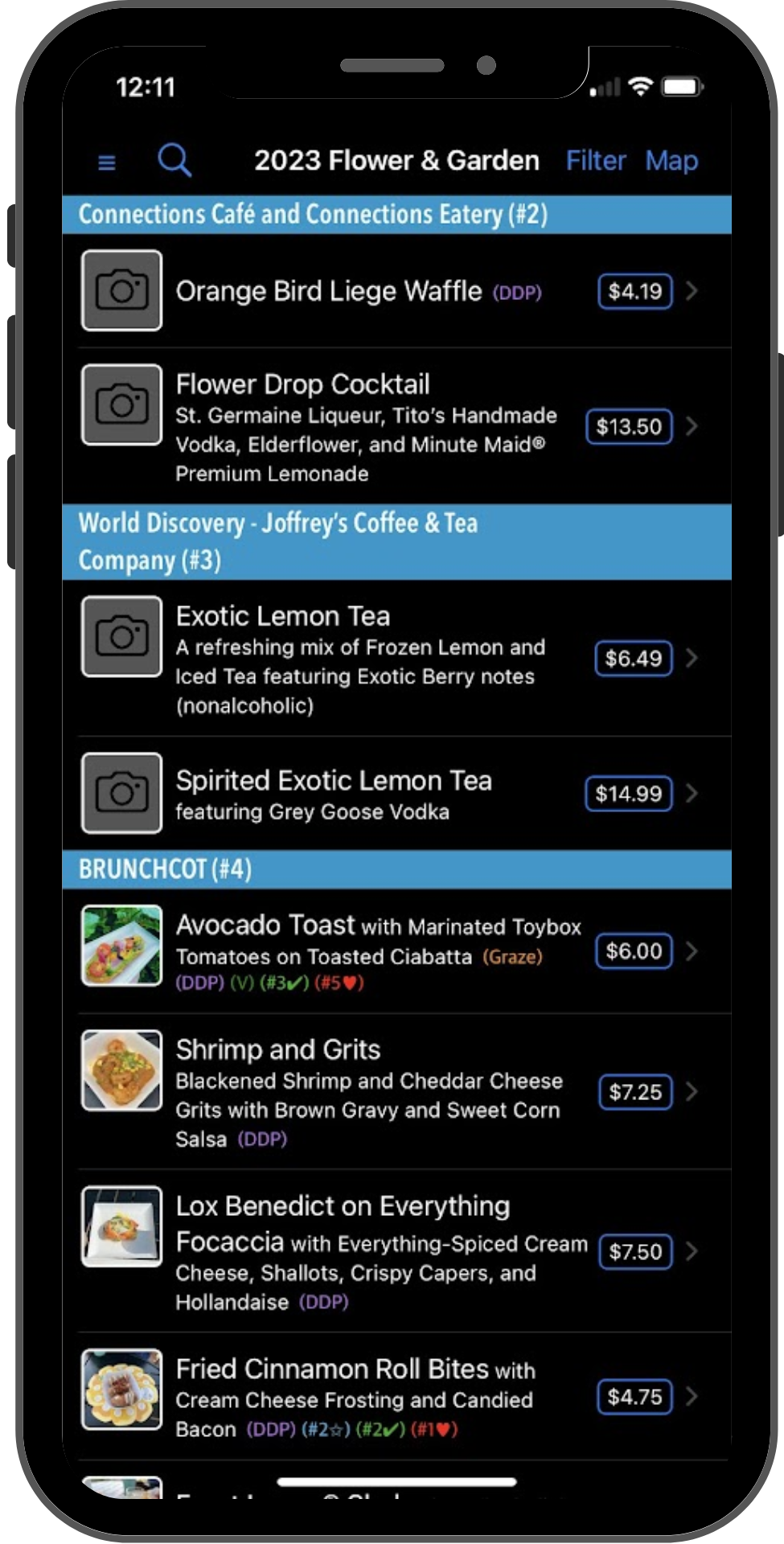 A display (the Event page) shows a list of dishes, divided into sections based on the booth they belong to.