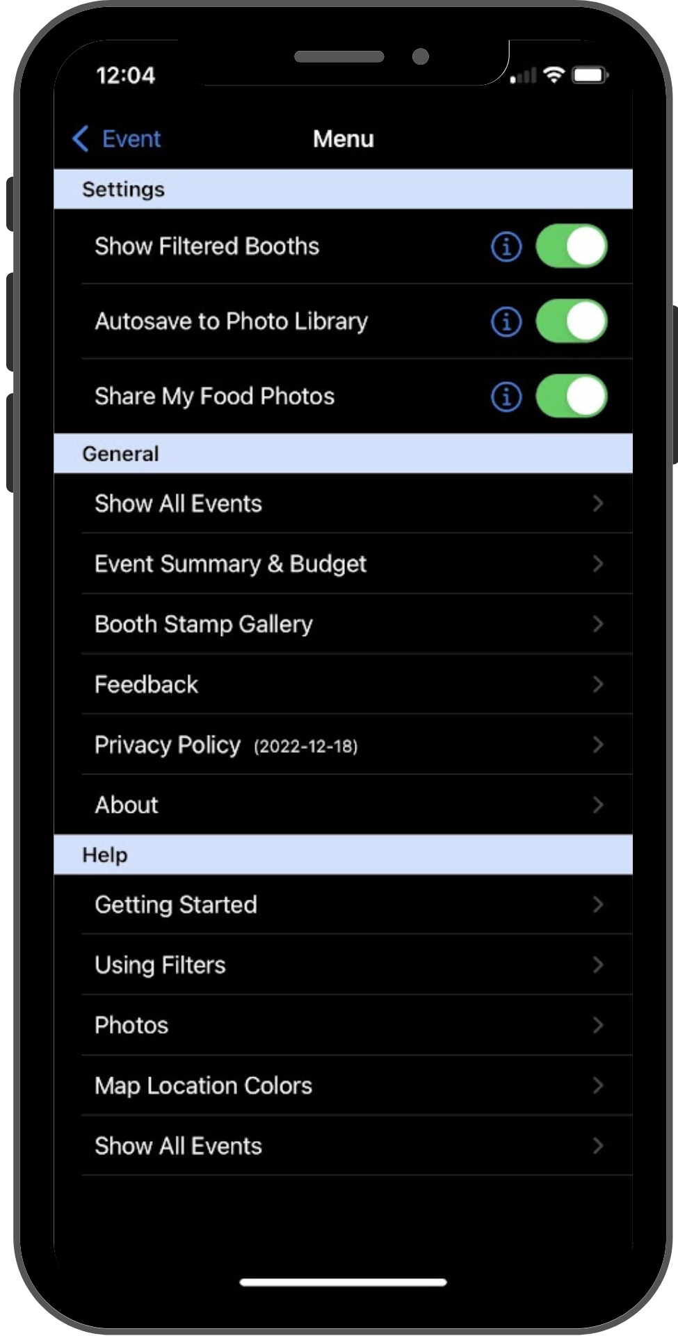 A menu shows multiple sections labeled Settings, General, and Help. In each one, several items are displayed.