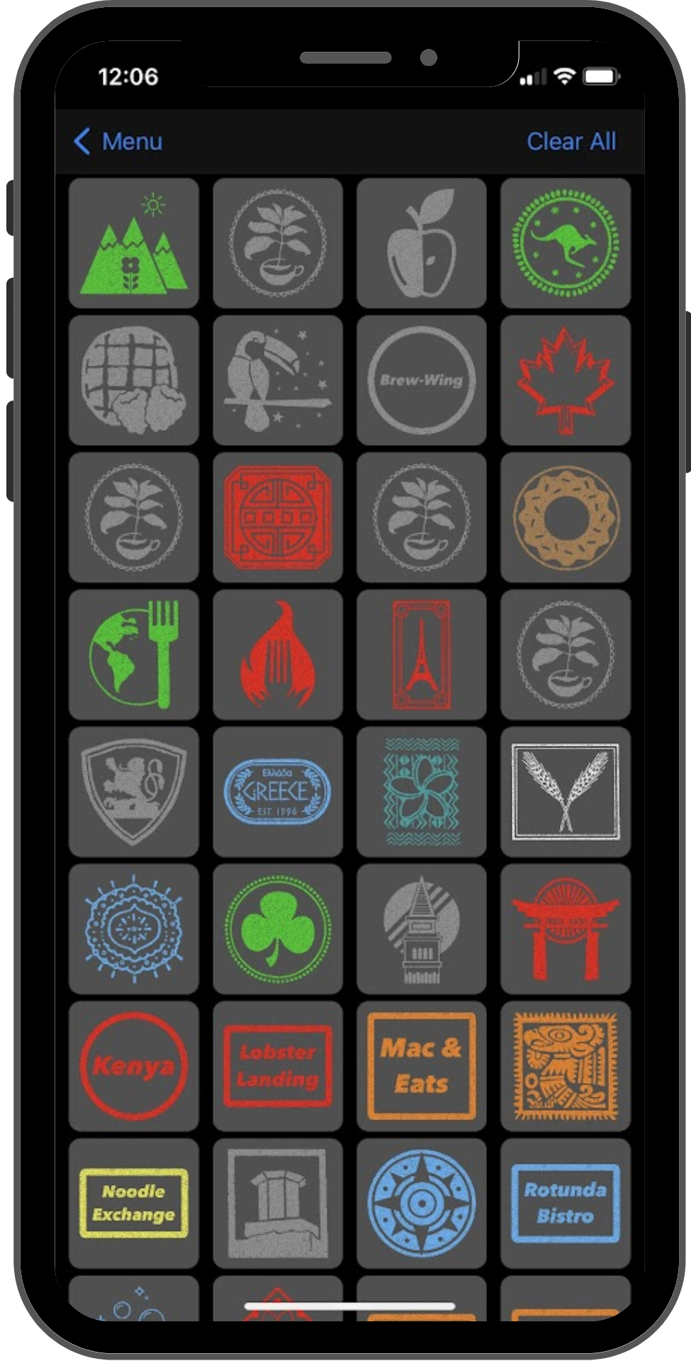 The display shows a list of icons representing individual booths, similar to the stickers in the Festival Passport. Some are colored in, and some are grayed.
