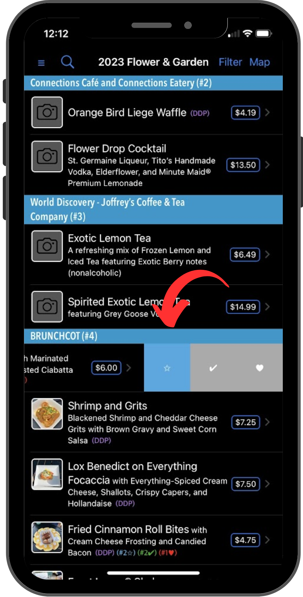 The tile for a dish has been swiped left, and the same display shows three icons. This time, the background of the star icon is blue, showing that it has been selected.