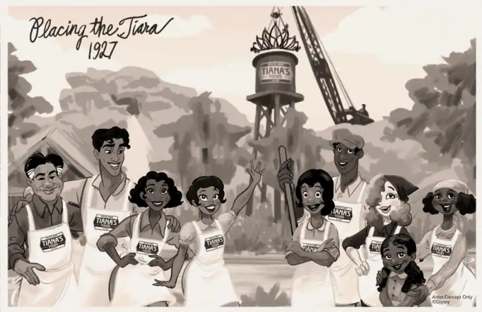 Black and white sketch in postcard format showing members of Tiana's family with the water tower in the background.