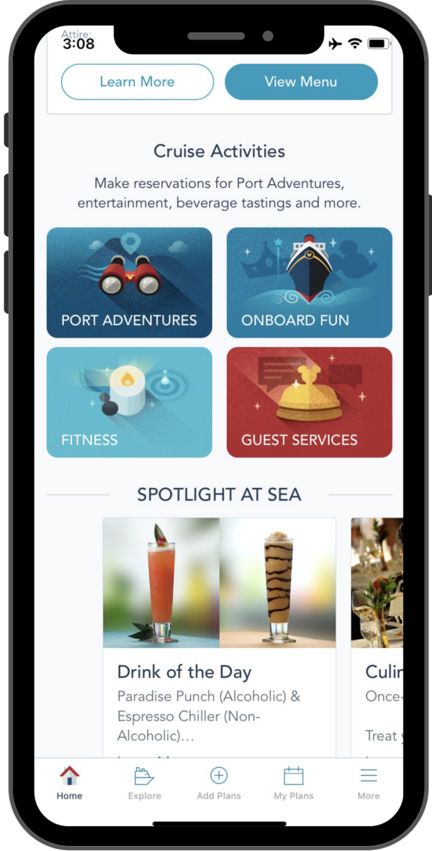The homescreen shows the same list of menu options that were available under the plus sign, as cards that can be tapped