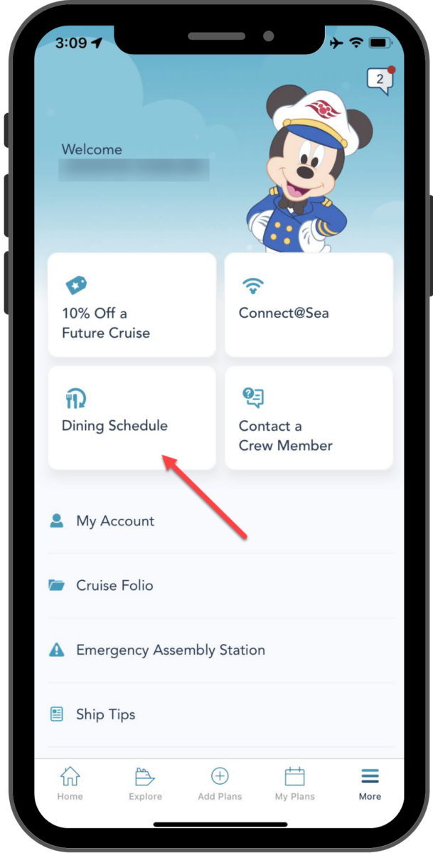 On the More page, an arrow points to the Dining Schedule tab