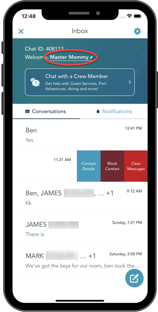 The editable name at the top is circled. A swiped conversation shows options.