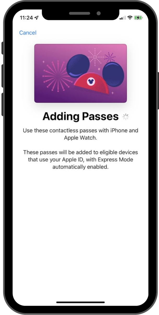 The screen shows an "Adding Passes" message with a spinner