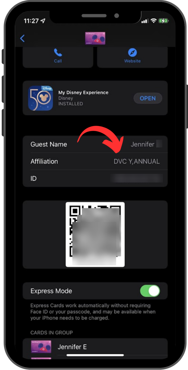 An arrow shows where affiliations are listed on the info screen of each pass