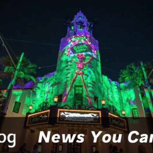 oogie boogie bash dates cover image showing a projection in green and purple onto the Carthay Circle theater with the Oogie Boogie Bash banner
