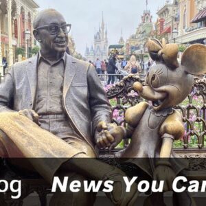 2024 Disney World Vacation Package Announcement post cover image showing walt and minnie on the bench at the entrance to the Magic Kingdom with Main St. framed behind.