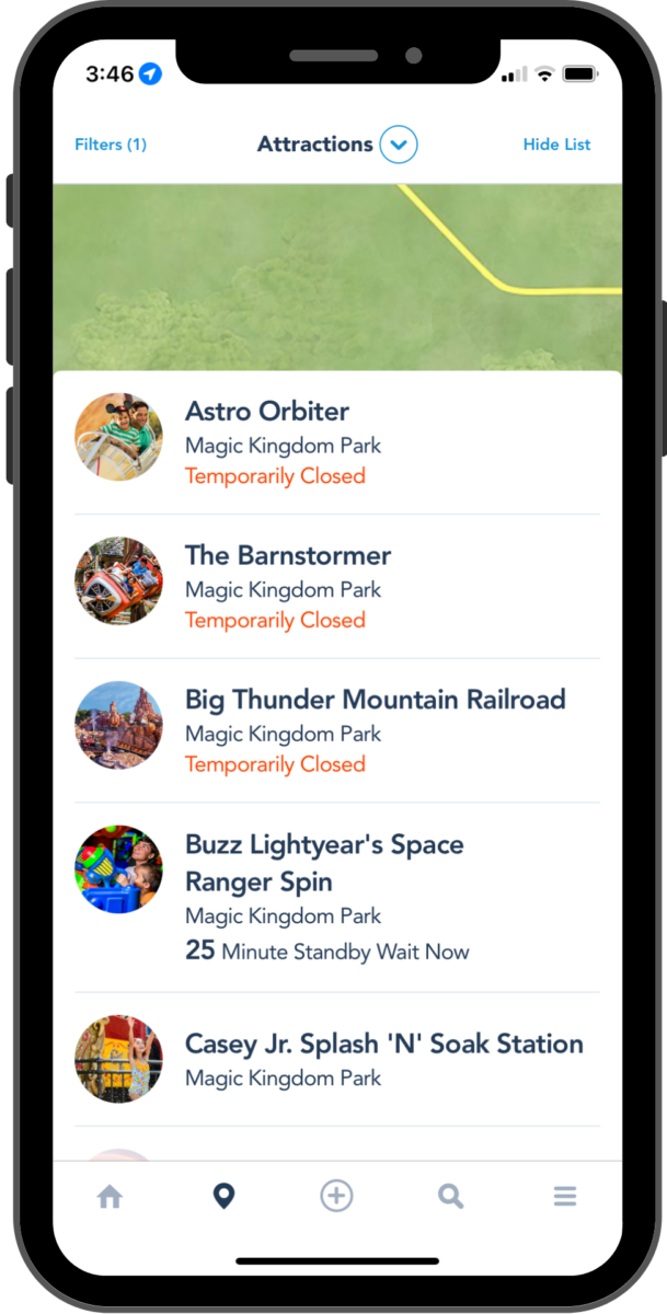 The list now only shows Magic Kingdom attractions