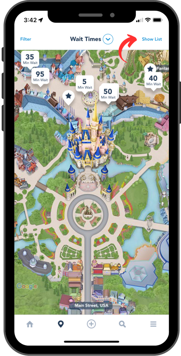 The home screen of the map showing the layout of Magic Kingdom with small banners listing the wait times