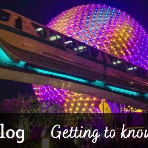 Getting to know Spaceship Earth cover image showing the monorail passing in front of Spaceship Earth with Beacons of Magic lighting in purple, pink, and yellow